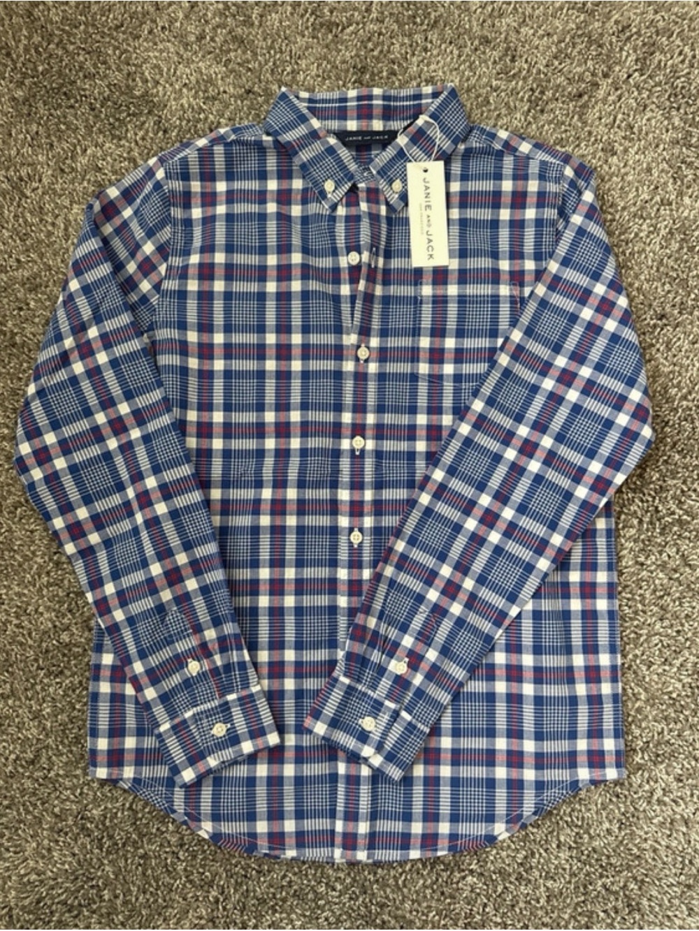NWT Boys Janie & Jack Plaid Button Down, Size 12; Red/White/Blue